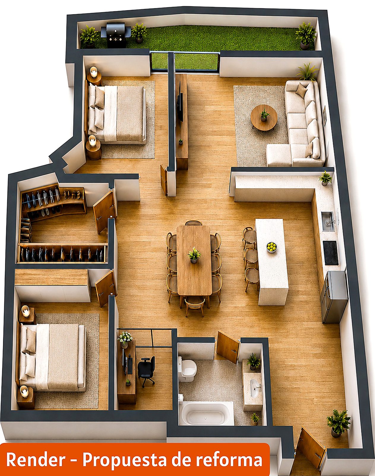 Plano 3D amueblado con la distribución propuesta: salón-cocina, dos dormitorios, vestidor, despacho, baño y aseo