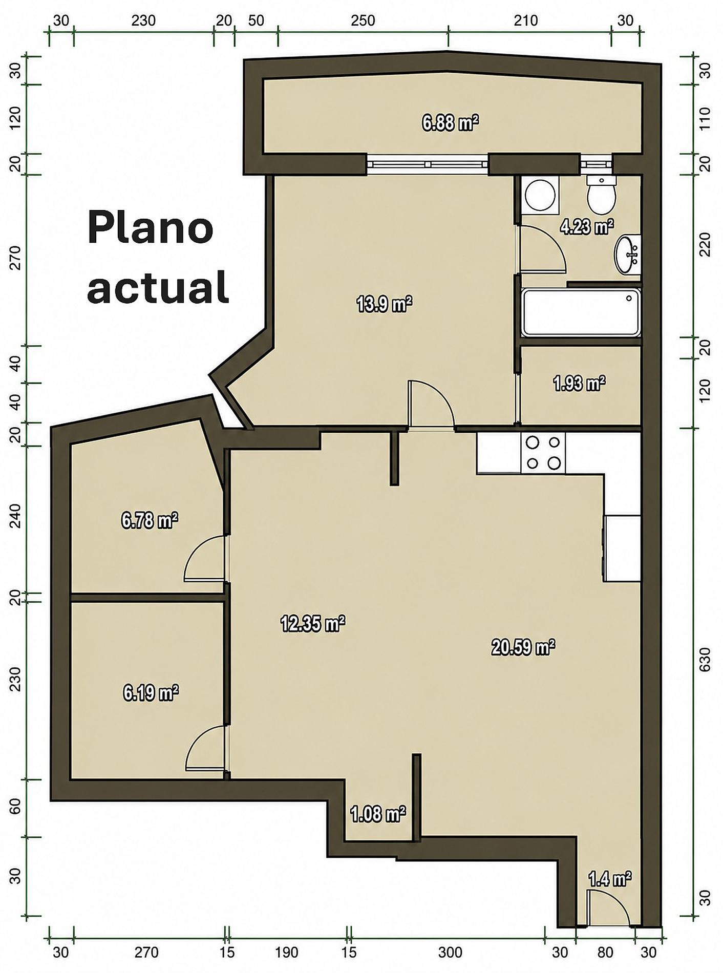 Plano acotado del estado actual de la vivienda, con la superficie de cada estancia en m²