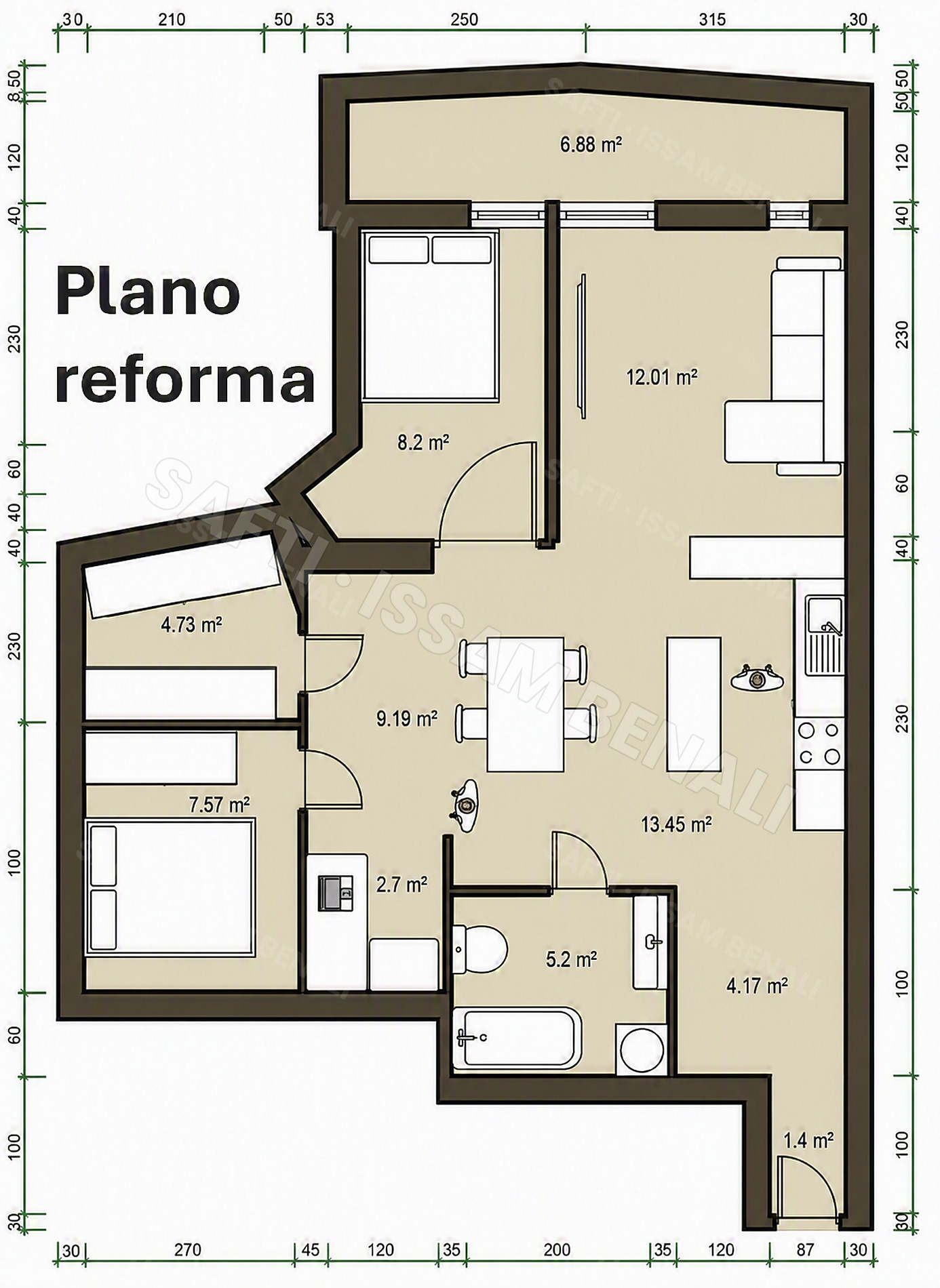 Plano acotado de la propuesta de reforma, con la superficie de cada estancia en m²