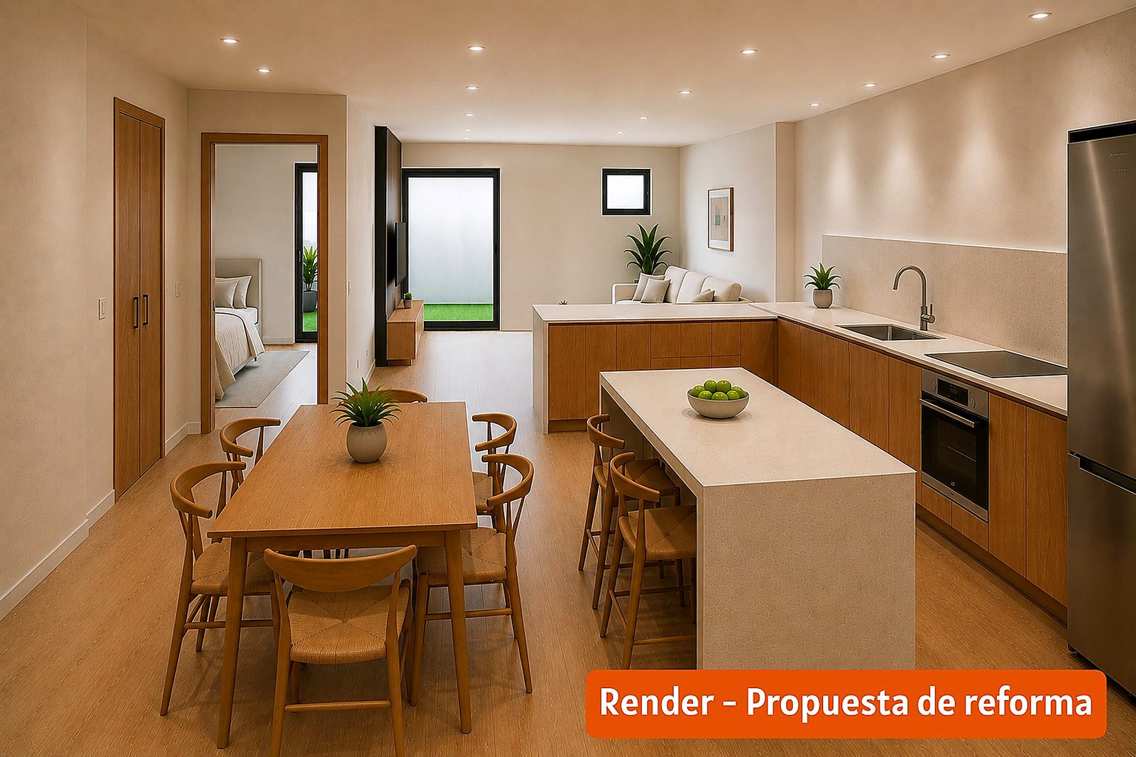 Render de propuesta de reforma del comedor y la cocina